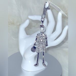 Women Car Key Holder, Bag Charm. Little Doll With Rhinestones and Pearl.